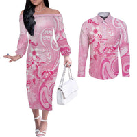 Personalised Memorial Pink Breast Cancer Awareness Couples Matching Off The Shoulder Long Sleeve Dress and Long Sleeve Button Shirt Plumeria Floral Tribal Pattern - Polynesian Pride