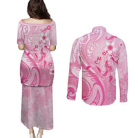 Personalised Memorial Pink Breast Cancer Awareness Couples Matching Puletasi and Long Sleeve Button Shirt Plumeria Floral Tribal Pattern LT05 - Polynesian Pride