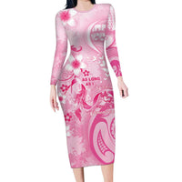 Personalised Memorial Pink Breast Cancer Awareness Family Matching Long Sleeve Bodycon Dress and Hawaiian Shirt Plumeria Floral Tribal Pattern LT05 Mom's Dress Pink - Polynesian Pride