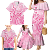 Personalised Memorial Pink Breast Cancer Awareness Family Matching Mermaid Dress and Hawaiian Shirt Plumeria Floral Tribal Pattern LT05 - Polynesian Pride