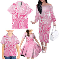 Personalised Memorial Pink Breast Cancer Awareness Family Matching Off The Shoulder Long Sleeve Dress and Hawaiian Shirt Plumeria Floral Tribal Pattern LT05 - Polynesian Pride