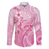 Personalised Memorial Pink Breast Cancer Awareness Family Matching Off The Shoulder Long Sleeve Dress and Hawaiian Shirt Plumeria Floral Tribal Pattern LT05 Dad's Shirt - Long Sleeve Pink - Polynesian Pride