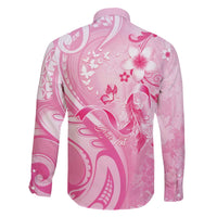 Personalised Memorial Pink Breast Cancer Awareness Family Matching Off The Shoulder Long Sleeve Dress and Hawaiian Shirt Plumeria Floral Tribal Pattern LT05 - Polynesian Pride