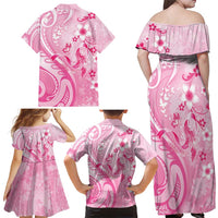 Personalised Memorial Pink Breast Cancer Awareness Family Matching Off Shoulder Maxi Dress and Hawaiian Shirt Plumeria Floral Tribal Pattern - Polynesian Pride