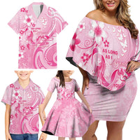 Personalised Memorial Pink Breast Cancer Awareness Family Matching Off Shoulder Short Dress and Hawaiian Shirt Plumeria Floral Tribal Pattern - Polynesian Pride