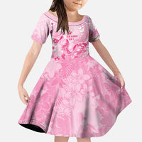 Personalised Memorial Pink Breast Cancer Awareness Family Matching Puletasi and Hawaiian Shirt Plumeria Floral Tribal Pattern LT05 Daughter's Dress Pink - Polynesian Pride