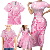 Personalised Memorial Pink Breast Cancer Awareness Family Matching Short Sleeve Bodycon Dress and Hawaiian Shirt Plumeria Floral Tribal Pattern - Polynesian Pride