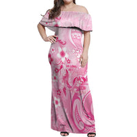 Personalised Memorial Pink Breast Cancer Awareness Off Shoulder Maxi Dress Plumeria Floral Tribal Pattern - Polynesian Pride