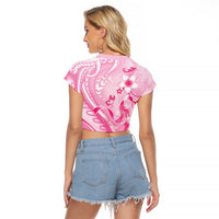 Personalised Memorial Pink Breast Cancer Awareness Raglan Cropped T Shirt Plumeria Floral Tribal Pattern - Polynesian Pride