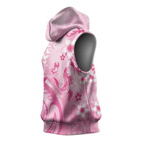 Personalised Memorial Pink Breast Cancer Awareness Sleeveless Hoodie Plumeria Floral Tribal Pattern - Polynesian Pride