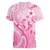 Personalised Memorial Pink Breast Cancer Awareness Women V-Neck T-Shirt Plumeria Floral Tribal Pattern - Polynesian Pride