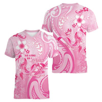 Personalised Memorial Pink Breast Cancer Awareness Women V-Neck T-Shirt Plumeria Floral Tribal Pattern - Polynesian Pride