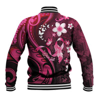 Personalised Memorial Breast Cancer Awareness Baseball Jacket Plumeria Floral Tribal Pattern - Polynesian Pride