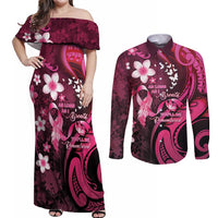 Personalised Memorial Breast Cancer Awareness Couples Matching Off Shoulder Maxi Dress and Long Sleeve Button Shirt Plumeria Floral Tribal Pattern - Polynesian Pride