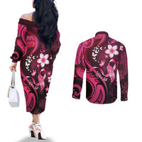 Personalised Memorial Breast Cancer Awareness Couples Matching Off The Shoulder Long Sleeve Dress and Long Sleeve Button Shirt Plumeria Floral Tribal Pattern - Polynesian Pride