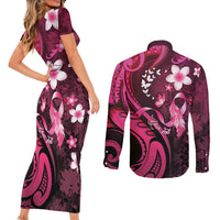 Personalised Memorial Breast Cancer Awareness Couples Matching Short Sleeve Bodycon Dress and Long Sleeve Button Shirt Plumeria Floral Tribal Pattern LT05 - Polynesian Pride