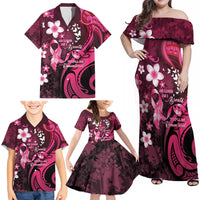 Personalised Memorial Breast Cancer Awareness Family Matching Off Shoulder Maxi Dress and Hawaiian Shirt Plumeria Floral Tribal Pattern - Polynesian Pride