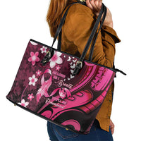 Memorial Breast Cancer Awareness Leather Tote Bag Plumeria Floral Tribal Pattern - Polynesian Pride