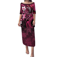 Personalised Memorial Breast Cancer Awareness Puletasi Plumeria Floral Tribal Pattern LT05 Long Dress Black - Polynesian Pride
