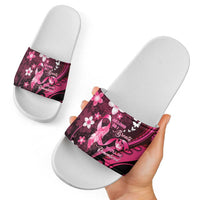 Memorial Breast Cancer Awareness Slide Sandals Plumeria Floral Tribal Pattern - Polynesian Pride