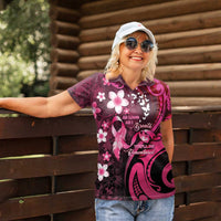 Personalised Memorial Breast Cancer Awareness Women Polo Shirt Plumeria Floral Tribal Pattern - Polynesian Pride