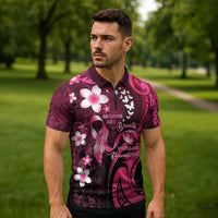 Personalised Memorial Breast Cancer Awareness Zipper Polo Shirt Plumeria Floral Tribal Pattern - Polynesian Pride