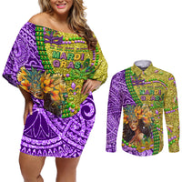 Personalised Hawaii Mardi Gras Couples Matching Off Shoulder Short Dress and Long Sleeve Button Shirt Polynesian Pattern With Glitter Style LT05 Yellow - Polynesian Pride