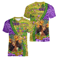 Personalised Hawaii Mardi Gras Women V Neck T Shirt Polynesian Pattern With Glitter Style LT05 - Polynesian Pride