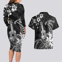 Hawaii Ukulele Couples Matching Long Sleeve Bodycon Dress and Hawaiian Shirt Polynesian Pattern Mix Hibiscus Black Version LT05