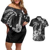 Hawaii Ukulele Couples Matching Off Shoulder Short Dress and Hawaiian Shirt Polynesian Pattern Mix Hibiscus Black Version LT05