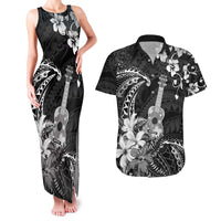 Hawaii Ukulele Couples Matching Tank Maxi Dress and Hawaiian Shirt Polynesian Pattern Mix Hibiscus Black Version LT05