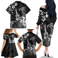 Hawaii Ukulele Family Matching Off The Shoulder Long Sleeve Dress and Hawaiian Shirt Polynesian Pattern Mix Hibiscus Black Version LT05