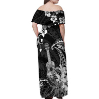 Hawaii Ukulele Family Matching Off Shoulder Maxi Dress and Hawaiian Shirt Polynesian Pattern Mix Hibiscus Black Version LT05