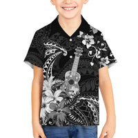 Hawaii Ukulele Family Matching Tank Maxi Dress and Hawaiian Shirt Polynesian Pattern Mix Hibiscus Black Version LT05
