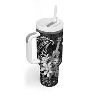 Hawaii Ukulele Tumbler With Handle Polynesian Pattern Mix Hibiscus Black Version