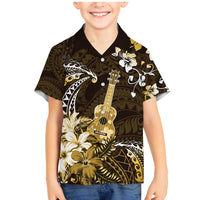 Hawaii Ukulele Family Matching Mermaid Dress and Hawaiian Shirt Polynesian Pattern Mix Hibiscus Gold Version LT05