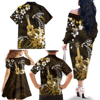 Hawaii Ukulele Family Matching Off The Shoulder Long Sleeve Dress and Hawaiian Shirt Polynesian Pattern Mix Hibiscus Gold Version LT05