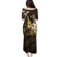 Hawaii Ukulele Family Matching Puletasi and Hawaiian Shirt Polynesian Pattern Mix Hibiscus Gold Version LT05