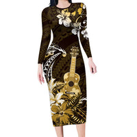 Hawaii Ukulele Long Sleeve Bodycon Dress Polynesian Pattern Mix Hibiscus Gold Version LT05