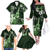 Hawaii Ukulele Family Matching Off The Shoulder Long Sleeve Dress and Hawaiian Shirt Polynesian Pattern Mix Hibiscus Green Version LT05