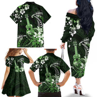 Hawaii Ukulele Family Matching Off The Shoulder Long Sleeve Dress and Hawaiian Shirt Polynesian Pattern Mix Hibiscus Green Version LT05