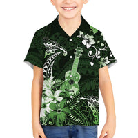 Hawaii Ukulele Family Matching Off Shoulder Maxi Dress and Hawaiian Shirt Polynesian Pattern Mix Hibiscus Green Version LT05