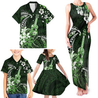 Hawaii Ukulele Family Matching Tank Maxi Dress and Hawaiian Shirt Polynesian Pattern Mix Hibiscus Green Version LT05