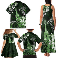 Hawaii Ukulele Family Matching Tank Maxi Dress and Hawaiian Shirt Polynesian Pattern Mix Hibiscus Green Version LT05