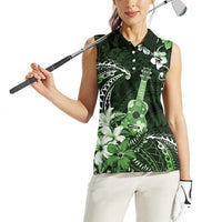 Hawaii Ukulele Women Sleeveless Polo Shirt Polynesian Pattern Mix Hibiscus Green Version LT05