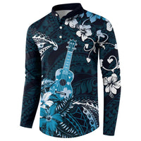 Hawaii Ukulele Button Sweatshirt Polynesian Pattern Mix Hibiscus Blue Version LT05