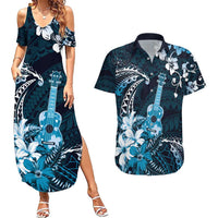 Hawaii Ukulele Couples Matching Summer Maxi Dress and Hawaiian Shirt Polynesian Pattern Mix Hibiscus Blue Version LT05