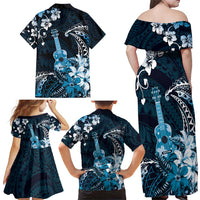 Hawaii Ukulele Family Matching Off Shoulder Maxi Dress and Hawaiian Shirt Polynesian Pattern Mix Hibiscus Blue Version LT05