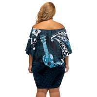Hawaii Ukulele Family Matching Off Shoulder Short Dress and Hawaiian Shirt Polynesian Pattern Mix Hibiscus Blue Version LT05