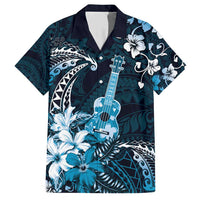 Hawaii Ukulele Family Matching Short Sleeve Bodycon Dress and Hawaiian Shirt Polynesian Pattern Mix Hibiscus Blue Version LT05